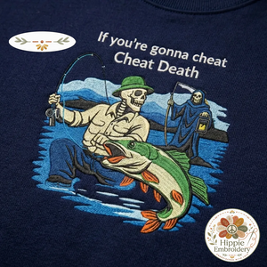 Embroidered Skeleton Fishing Sweatshirt, Cheat Death Crewneck