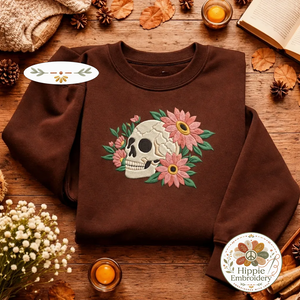 Embroidered Skull Pink Daisies Sweatshirt, Dark Boho Top