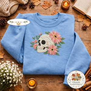 Embroidered Skull Pink Daisies Sweatshirt, Dark Boho Top