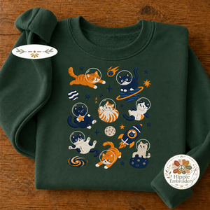 Embroidered Space Cats Astronaut Sweatshirt, Celestial Cat Crew