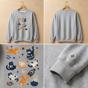 Embroidered Space Cats Astronaut Sweatshirt, Celestial Cat Crew