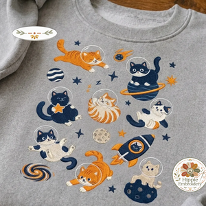 Embroidered Space Cats Astronaut Sweatshirt, Celestial Cat Crew