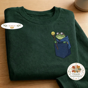 Embroidered Steampunk Frog Faux Pocket Sweatshirt, Fantasy Crewneck