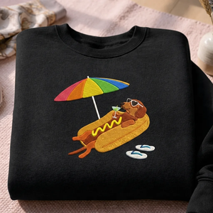 Embroidered Summer Hot Dog Sweatshirt, Funny Dachshund Crewneck