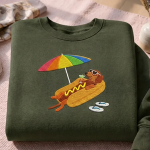 Embroidered Summer Hot Dog Sweatshirt, Funny Dachshund Crewneck