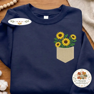 Embroidered Sunflowers Pocket Sweatshirt, Floral Faux Pocket Crewneck