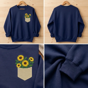 Embroidered Sunflowers Pocket Sweatshirt, Floral Faux Pocket Crewneck