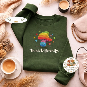 Embroidered Think Differently Rainbow Mushroom Sweatshirt, Fungi
