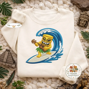 Embroidered Tiki Surfer Sweatshirt, Beach Ukulele Aloha Shirt