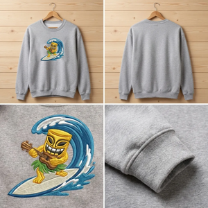 Embroidered Tiki Surfer Sweatshirt, Beach Ukulele Aloha Shirt