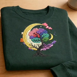 Embroidered Tree of Life Moon Sweatshirt, Celestial Clouds Crewneck