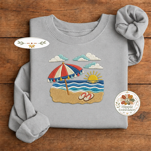 Embroidered Tropical Beach Sunset Sweatshirt, Coastal Summer Crew
