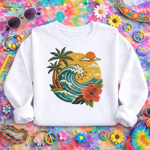 Embroidered Tropical Ocean Wave Sweatshirt, Retro Beach Crewneck