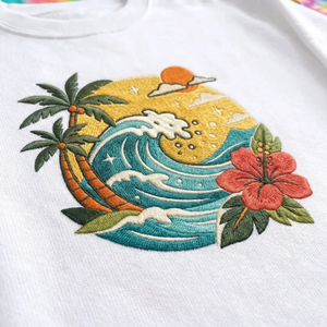 Embroidered Tropical Ocean Wave Sweatshirt, Retro Beach Crewneck