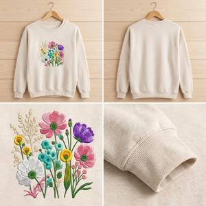Embroidered Wildflower Retro Floral Sweatshirt, Botanical Crew