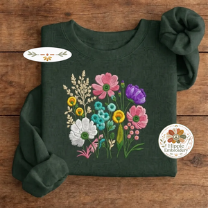 Embroidered Wildflower Retro Floral Sweatshirt, Botanical Crew