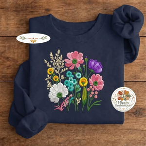 Embroidered Wildflower Retro Floral Sweatshirt, Botanical Crew