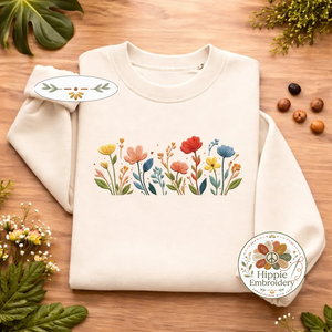 Embroidered Wildflowers Sweatshirt, Floral Boho Botanical Crewneck
