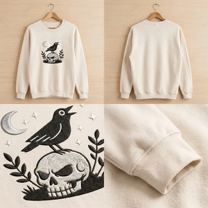 Embroidered Witchy Crow Skull Shirt, Gothic Raven Occult Crew