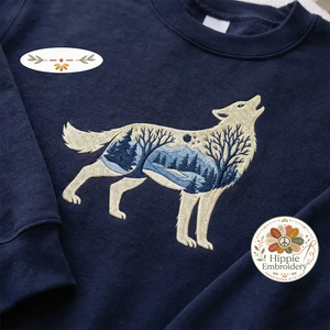 Embroidered Wolf Nature Shirt, Winter Landscape Wolf Crewneck