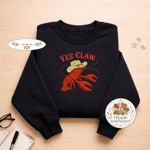 Embroidered Yee Claw Sweatshirt, Funny Cowboy Crawfish Crewneck