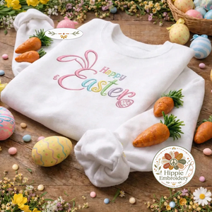 Happy Easter Embroidered Sweatshirt, Pastel Bunny Ears Top