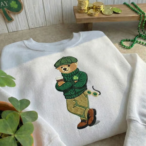 Irish Bear Embroidered Sweatshirt, Lucky Shamrock Pullover