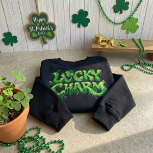 Lucky Charm Embroidered Sweatshirt, Trendy Shamrock Top