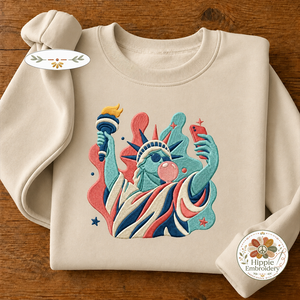 Preppy Statue of Liberty Bubble Gum Embroidered Sweatshirt, USA