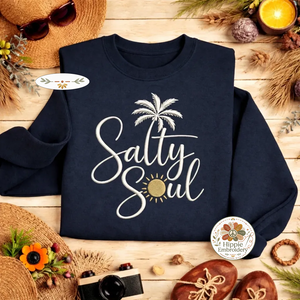Salty Soul Embroidered Sweatshirt, Beach Palm Tree Pullover