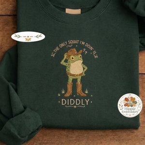 The Only Squat I'm Doin' Is Diddly Embroidered Cowboy Frog Crewneck