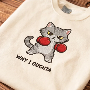 Why I Oughta Funny Cat Embroidered T-shirt Boxing Kitten Tee