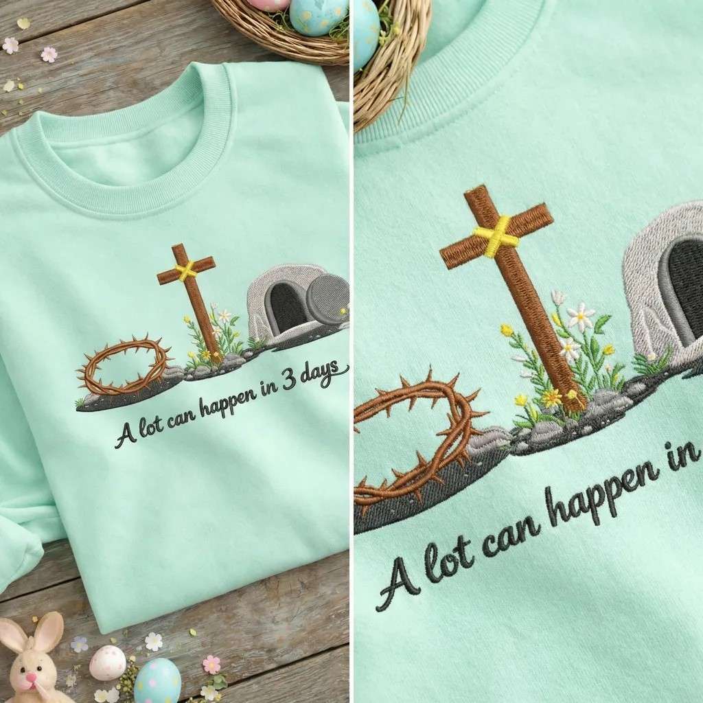 A Lot Can Happen in 3 Days Embroidered Sweatshirt, Cross Top