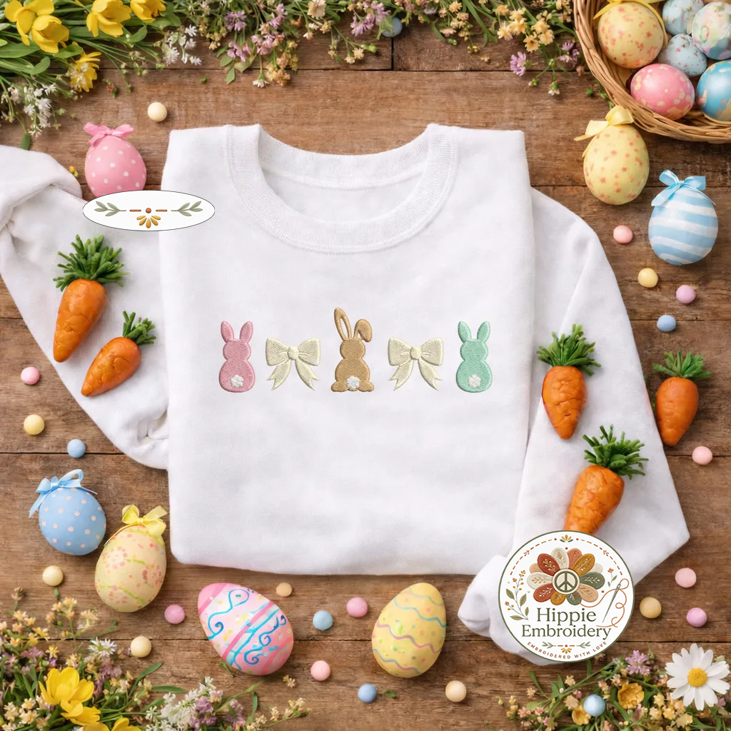 Aesthetic Bunny & Bows Embroidered Sweatshirt, Ribbon Top