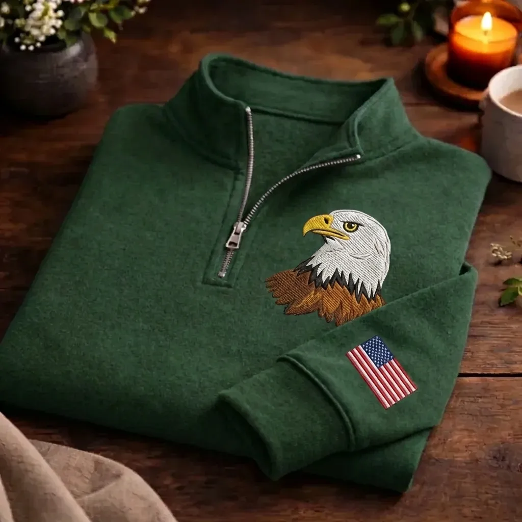 American Eagle Embroidered Quarter Zip Sweatshirt, USA Flag Top
