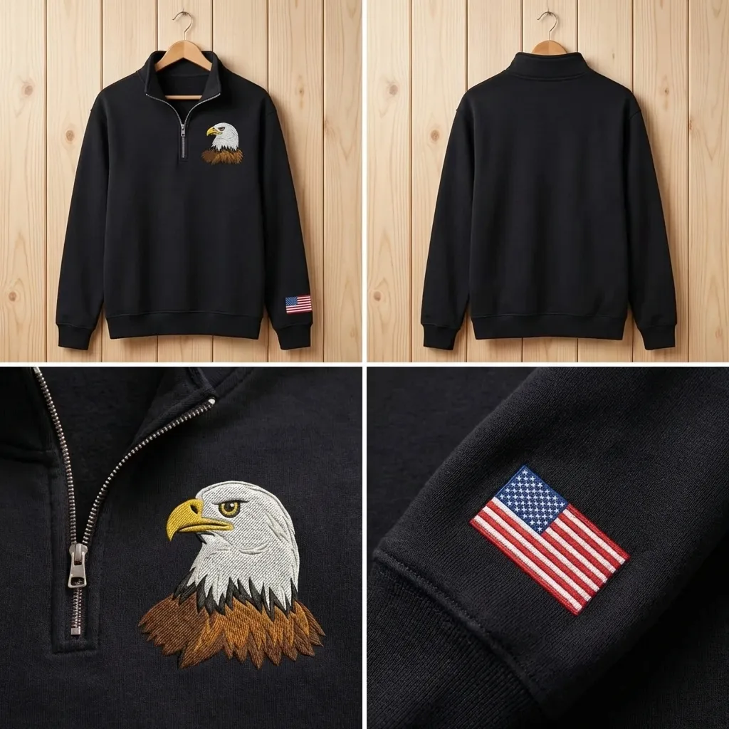 American Eagle Embroidered Quarter Zip Sweatshirt, USA Flag Top