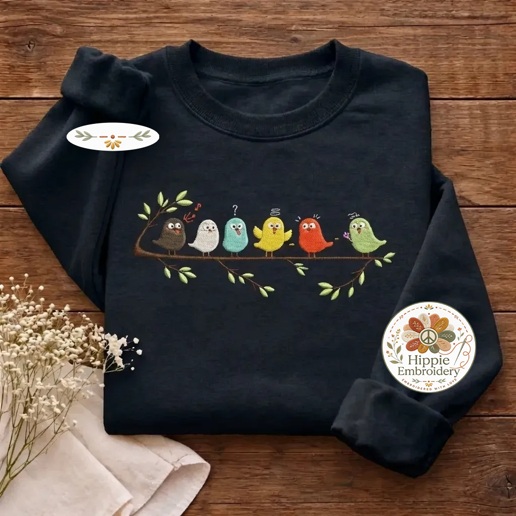 Birds On a Branch Embroidered Sweatshirt, Colorful Bird Lover Shirt