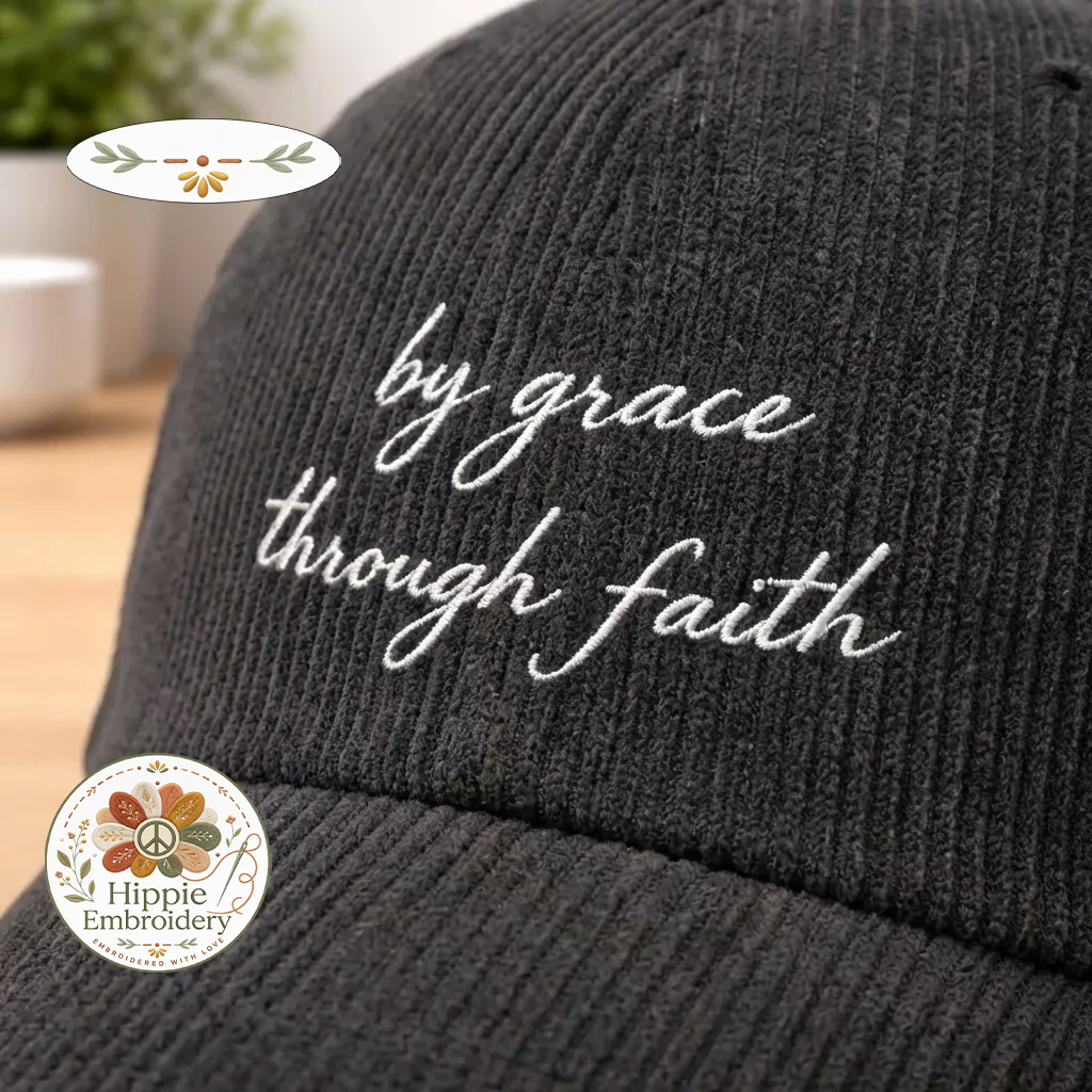 By Grace Through Faith Embroidered Curdoroy Hat, Bible Verse Embroidery - 0326