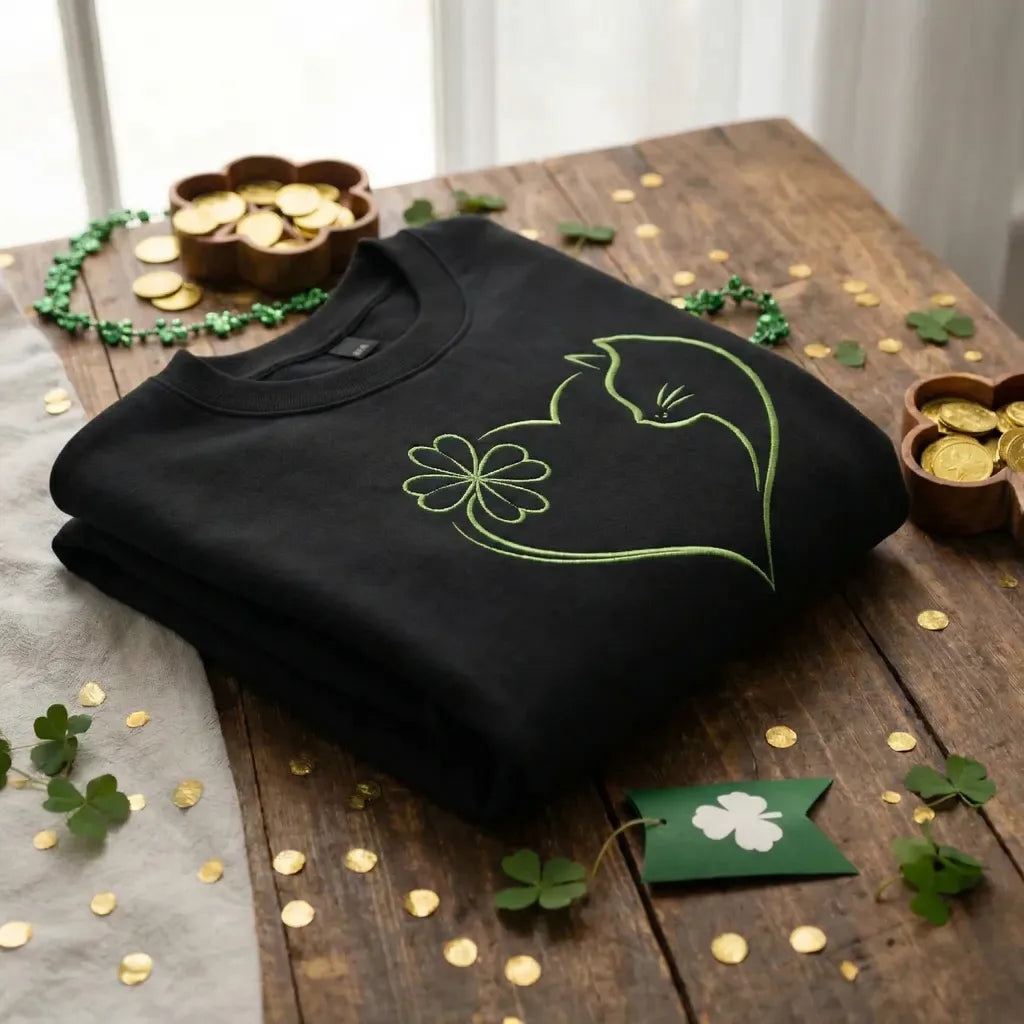 Cat Clover Embroidered Sweatshirt, Lucky St Patrick Top