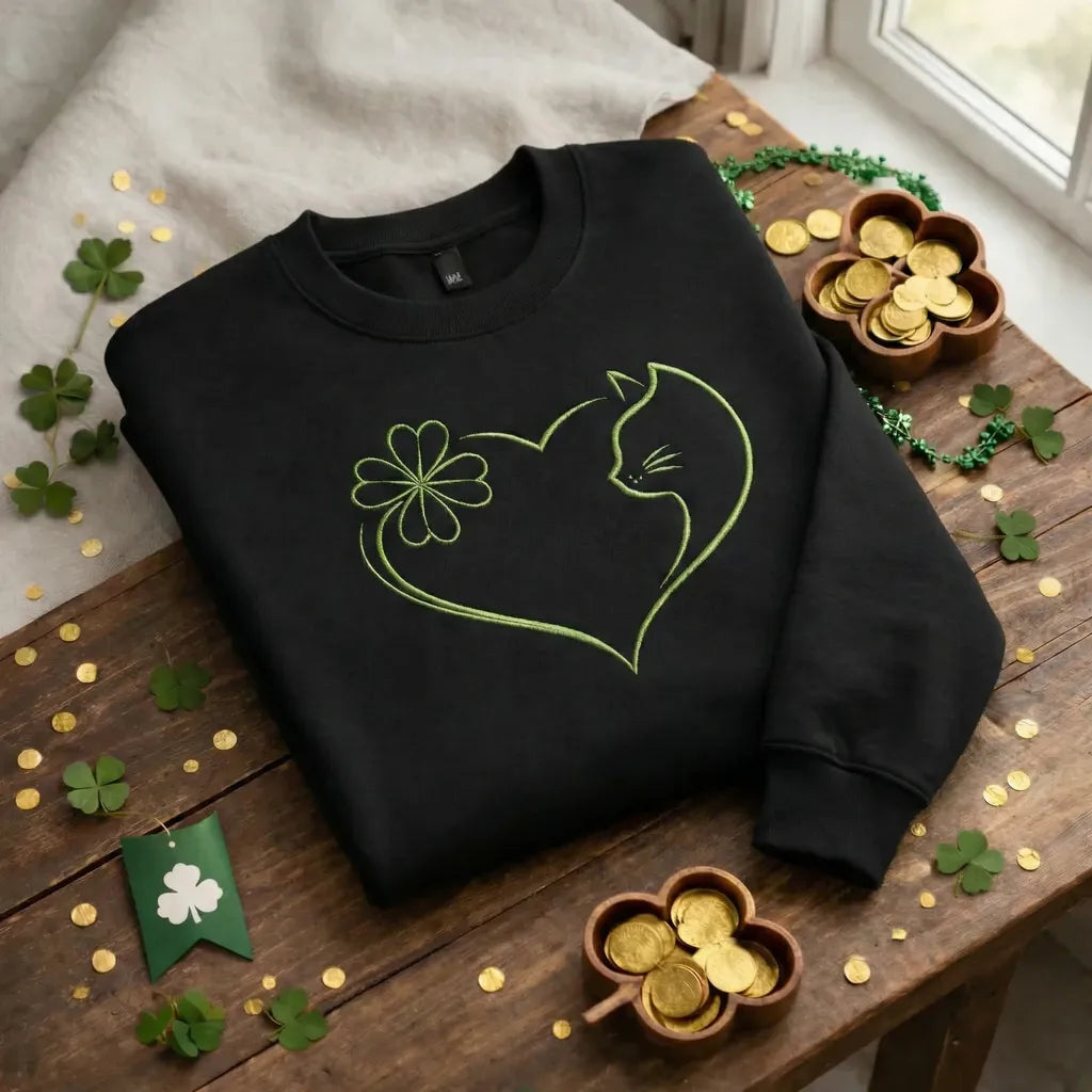 Cat Clover Embroidered Sweatshirt, Lucky St Patrick Top