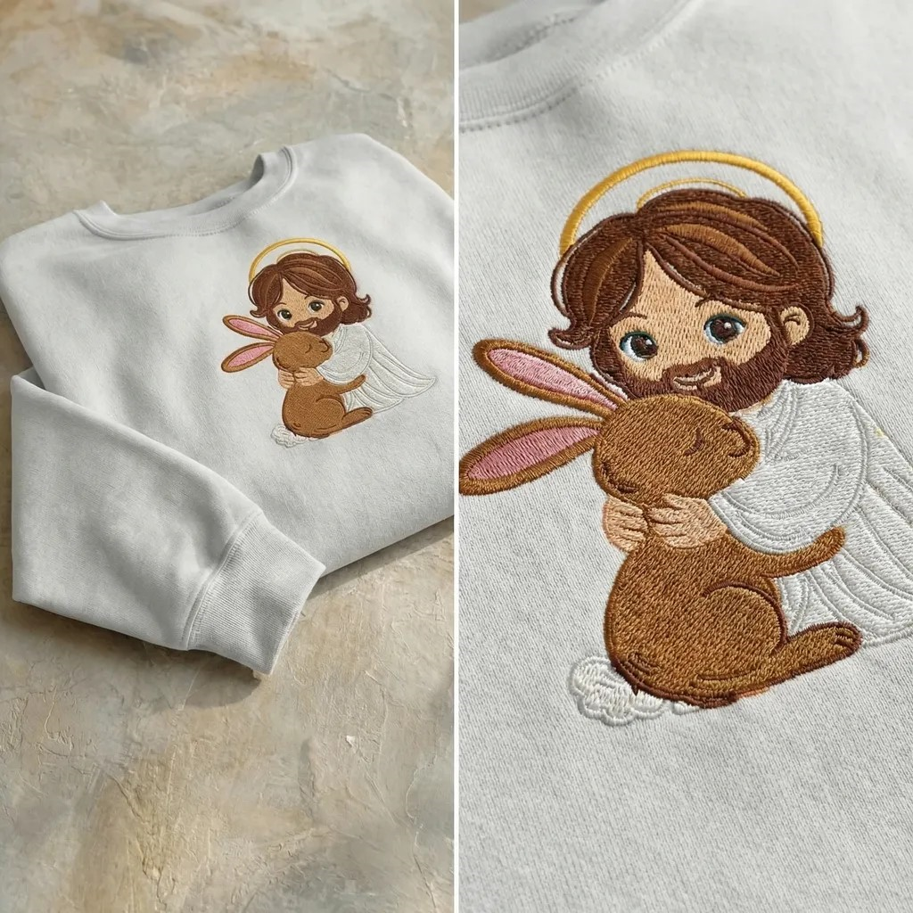 Chibi Jesus Hugging Bunny Sweatshirt, Kids Easter Faith Top
