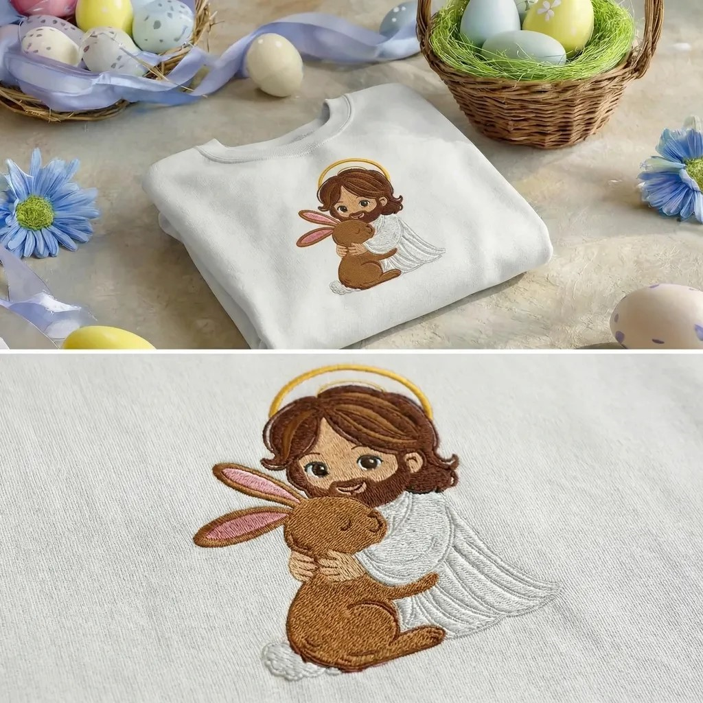 Chibi Jesus Hugging Bunny Sweatshirt, Kids Easter Faith Top