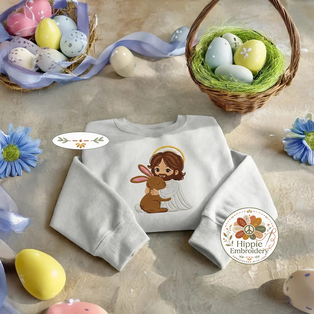 Chibi Jesus Hugging Bunny Sweatshirt, Kids Easter Faith Top
