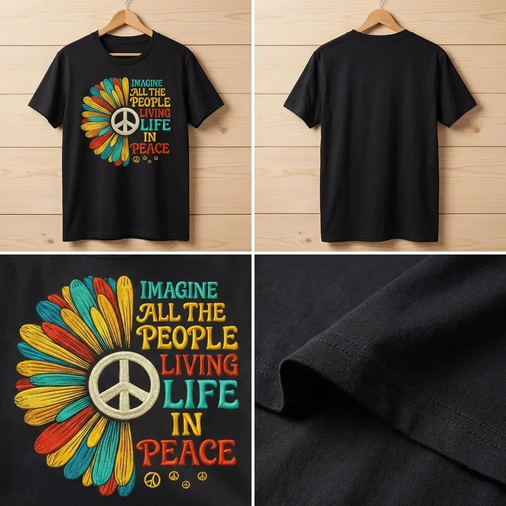 Comfort Colors Imagine Peace Embroidered T-shirt, Retro Hippie Sunflower Tee, Colorful Peace Sign Embroidery, Inspirational 70s Top - 1075