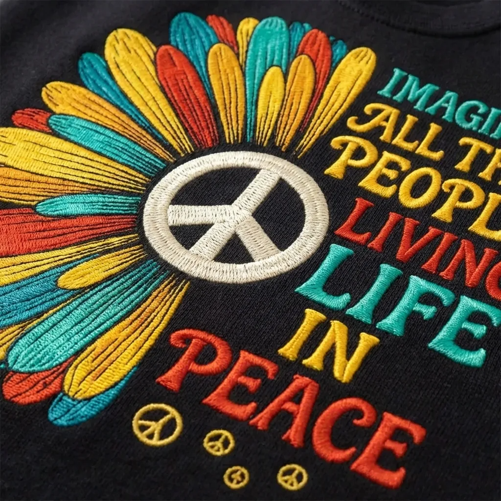 Comfort Colors Imagine Peace Embroidered T-shirt, Retro Hippie Sunflower Tee, Colorful Peace Sign Embroidery, Inspirational 70s Top - 1075