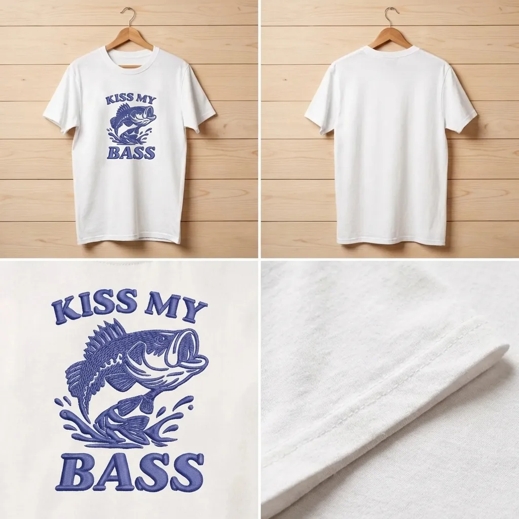 Comfort Colors Kiss My Bass Embroidered T-shirt, Funny Fishing Tee