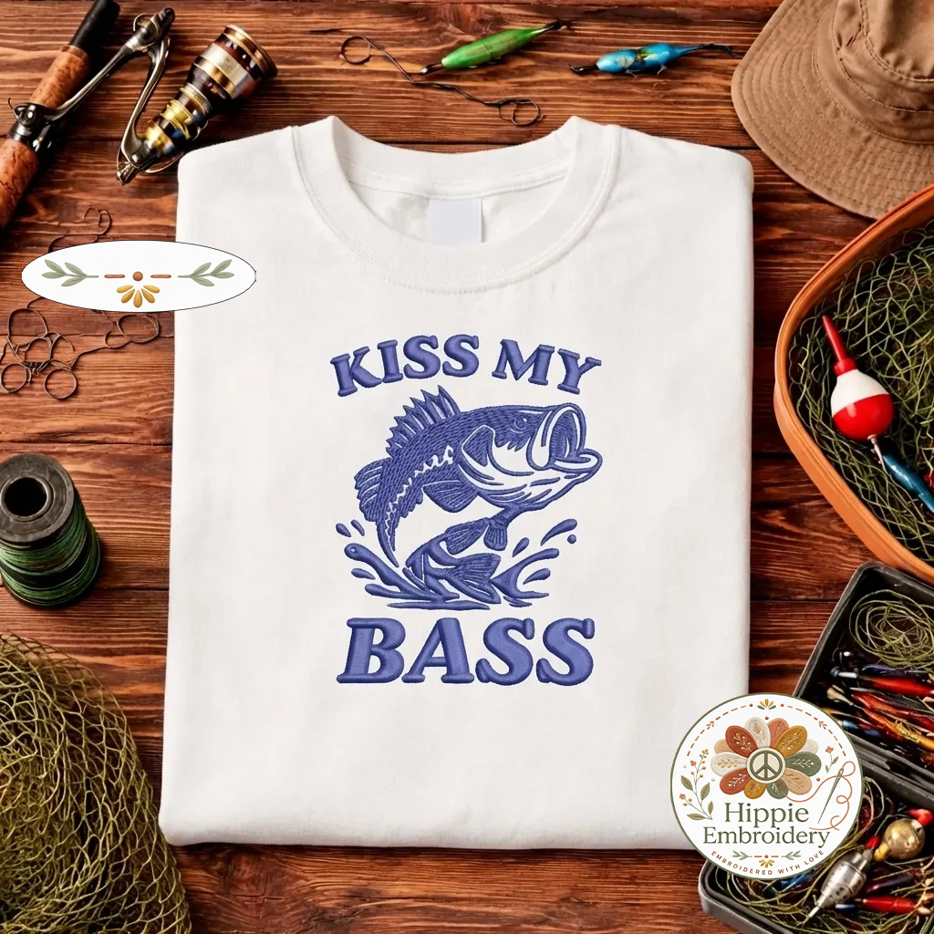 Comfort Colors Kiss My Bass Embroidered T-shirt, Funny Fishing Tee