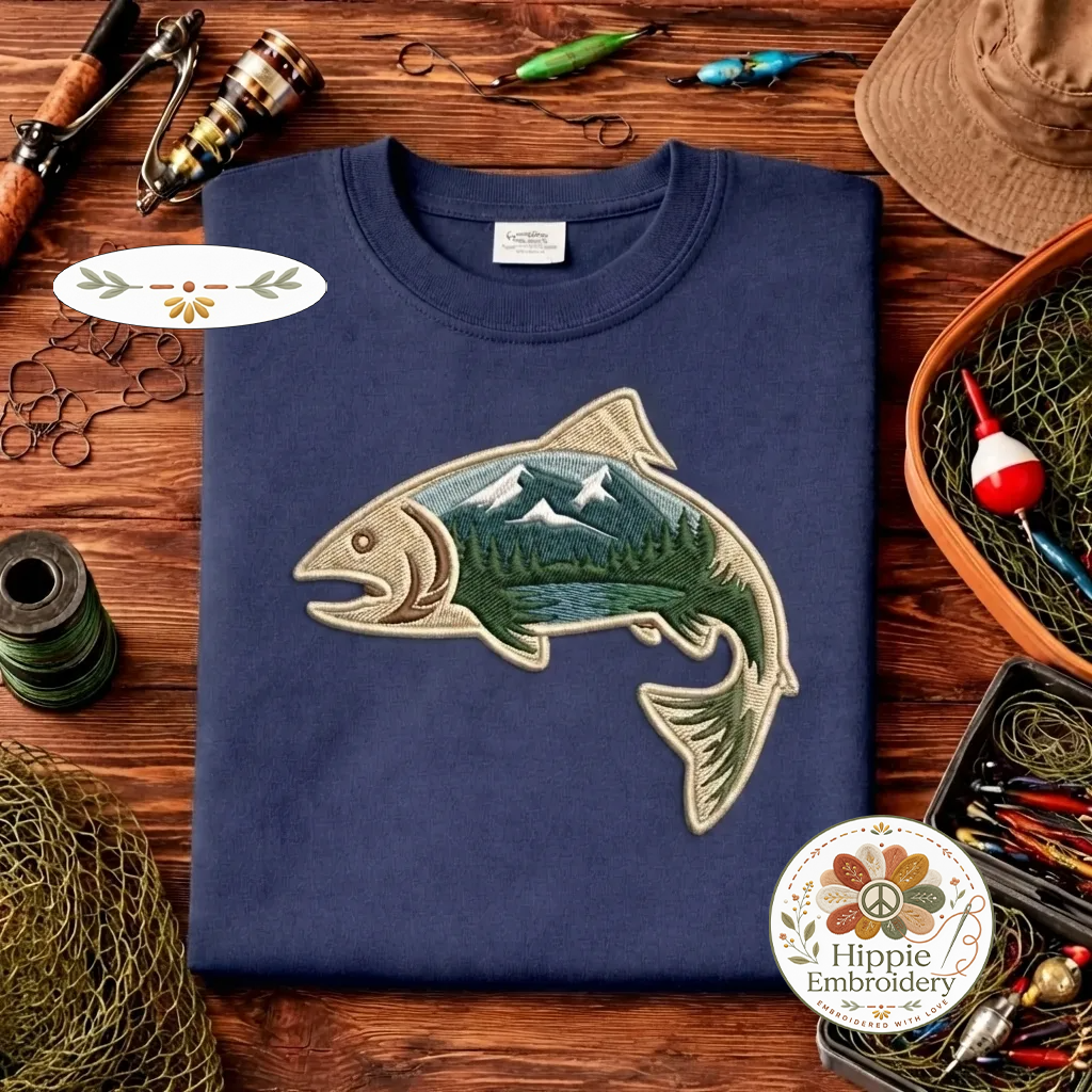 Comfort Colors Mountain Fish Embroidered T-shirt, Trout Tee