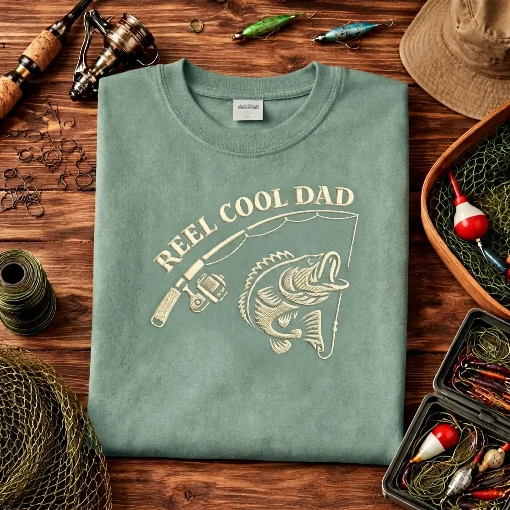 Comfort Colors Reel Cool Dad Embroidered T-shirt, Fishing Tee