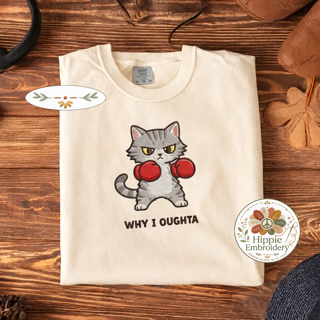 Comfort Colors Why I Oughta Cat Embroidered T-Shirt, Boxing Cat Tee